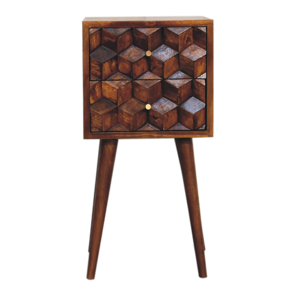 Solid Wood Mini Cube Nightstand with 2 Drawers – Chestnut