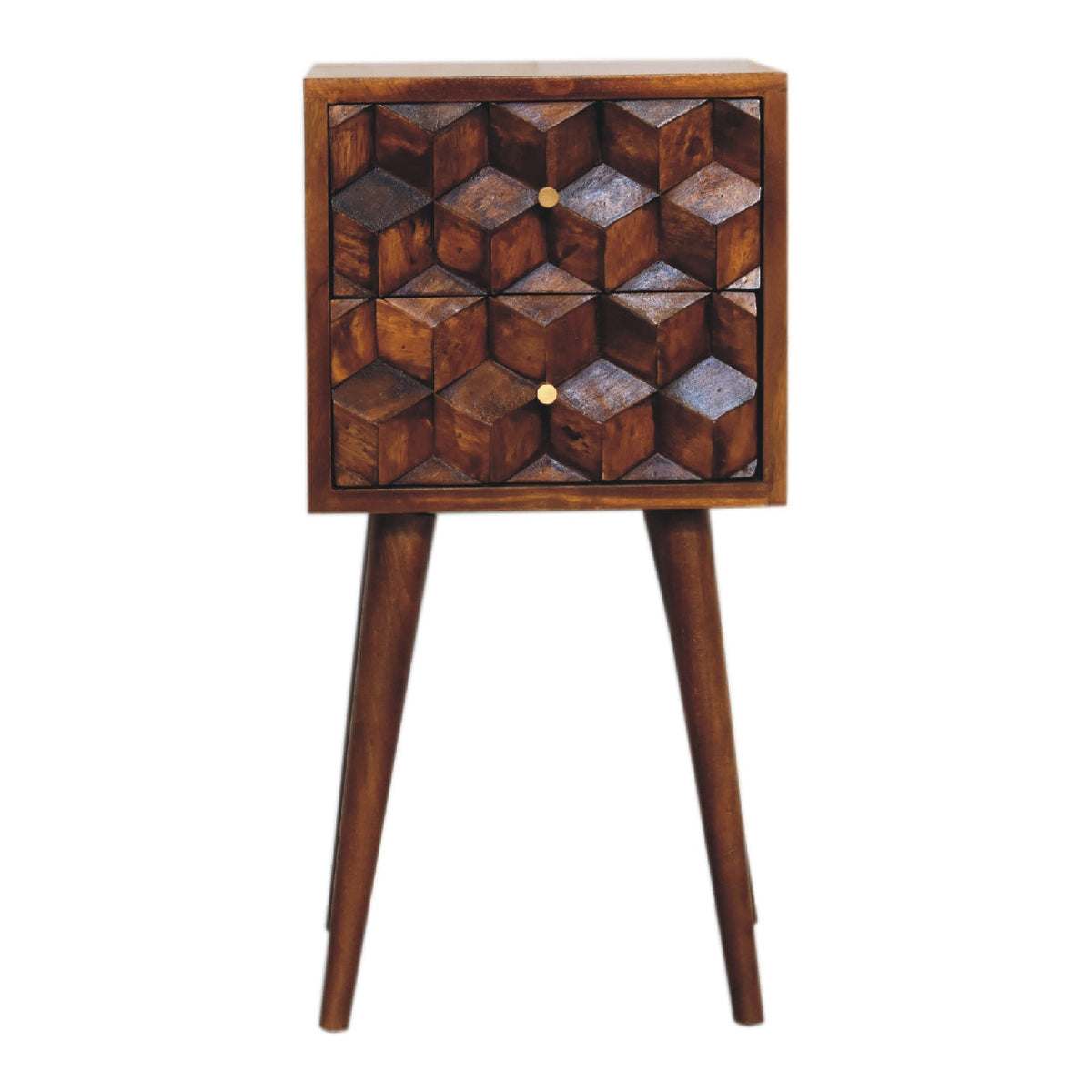 Solid Wood Mini Cube Nightstand with 2 Drawers – Chestnut