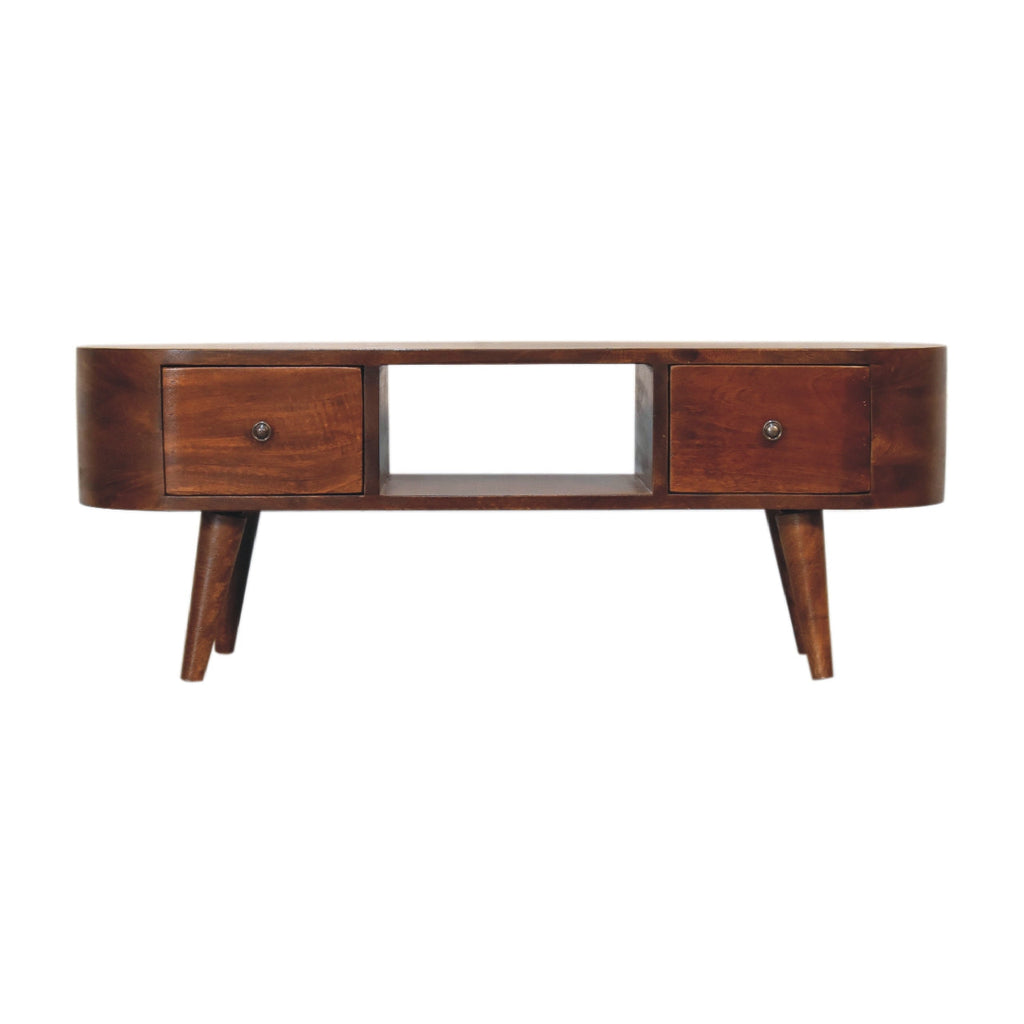 Chestnut Round Open Media Unit with 2 Drawers and Open Slot - Chestnut Finish