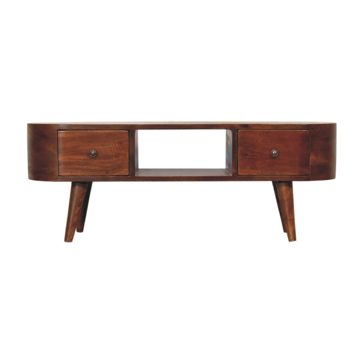 Chestnut Round Open Media Unit with 2 Drawers and Open Slot - Chestnut Finish