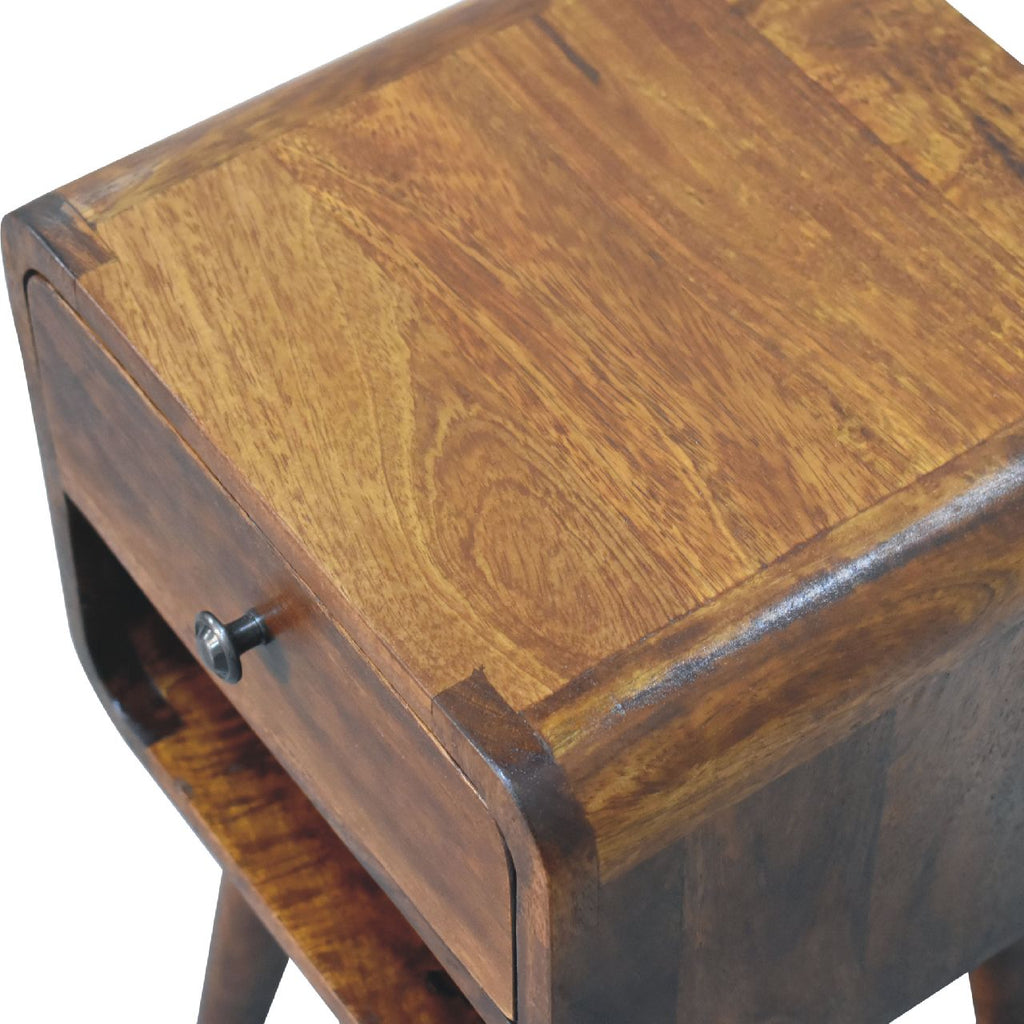Solid Wood Mini Chestnut Curve Lower Bedside Nightstand with Drawer – Chestnut