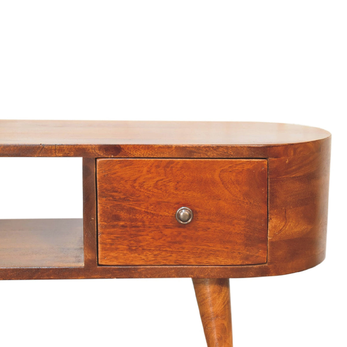 Chestnut Round Open Media Unit with 2 Drawers and Open Slot - Chestnut Finish