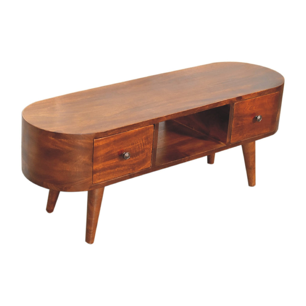 Chestnut Round Open Media Unit with 2 Drawers and Open Slot - Chestnut Finish