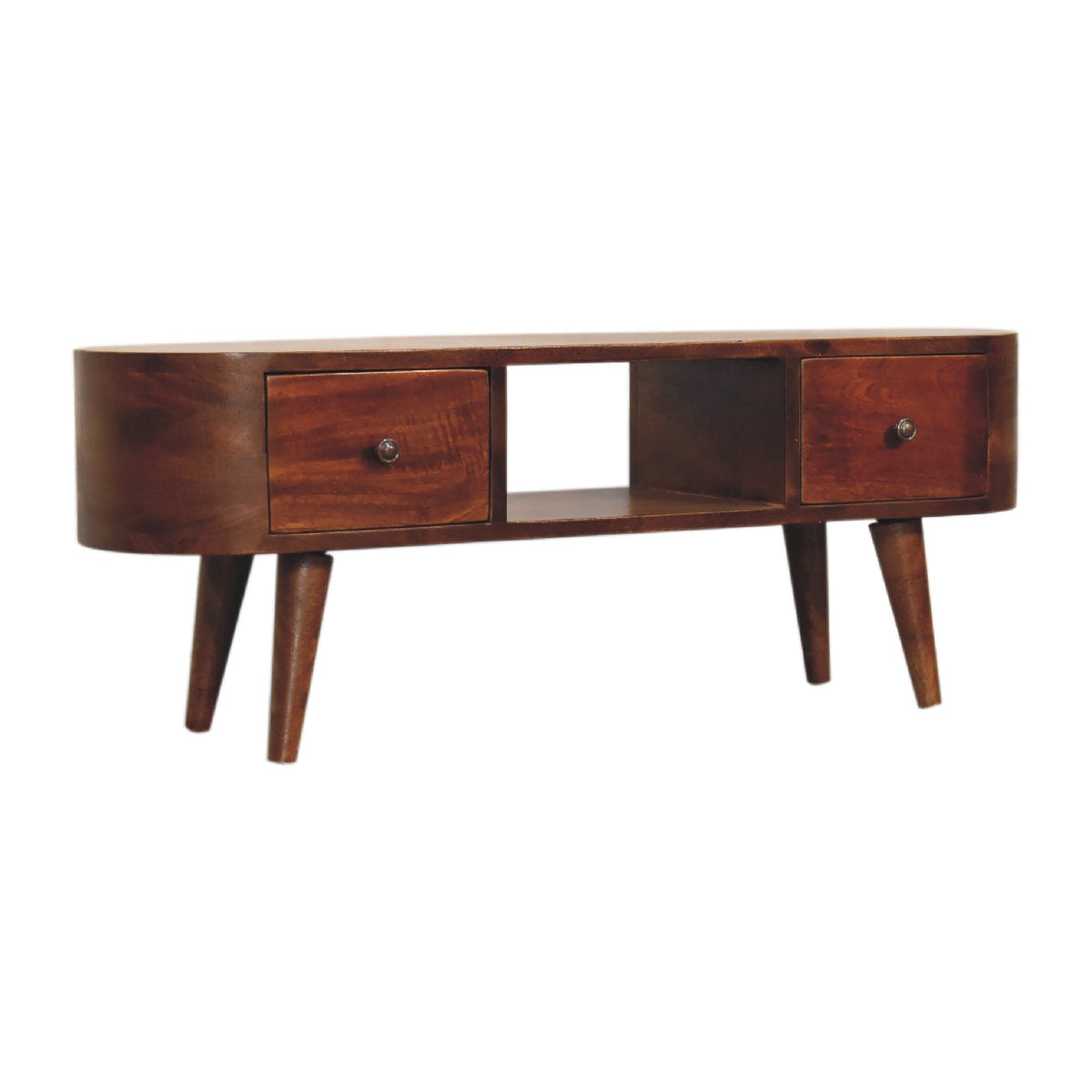 Chestnut Round Open Media Unit with 2 Drawers and Open Slot - Chestnut Finish