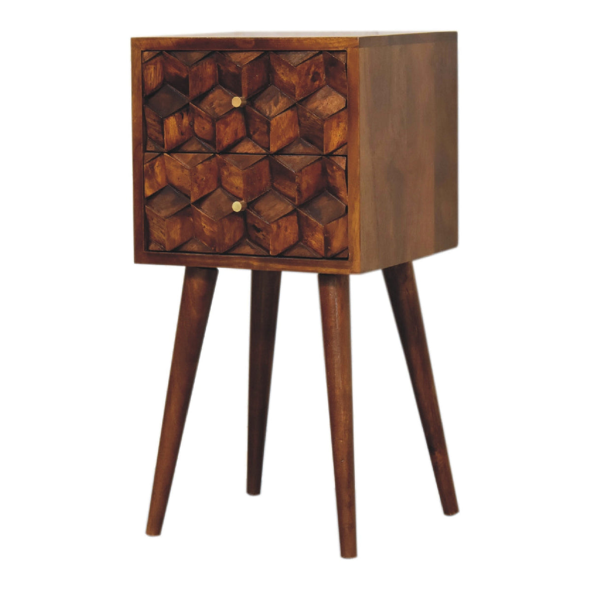 Solid Wood Mini Cube Nightstand with 2 Drawers – Chestnut