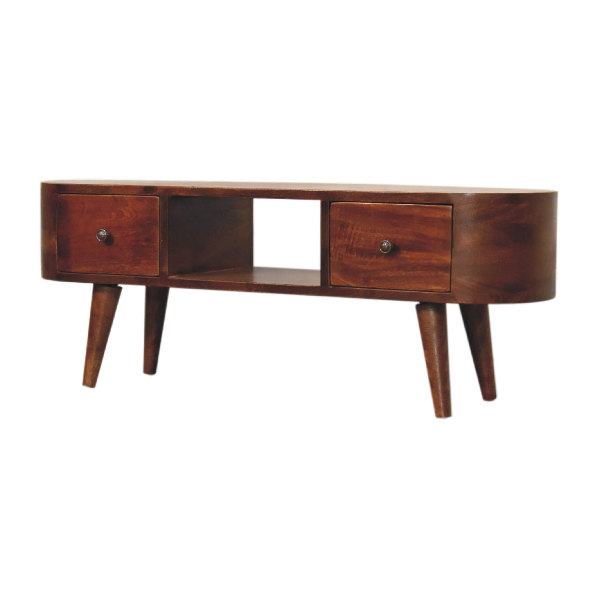 Chestnut Round Open Media Unit with 2 Drawers and Open Slot - Chestnut Finish