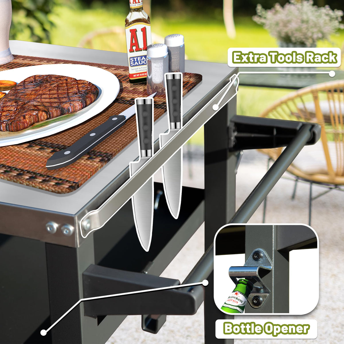3-Shelf Outdoor Grill Table with Stainless Steel Top and Wheels