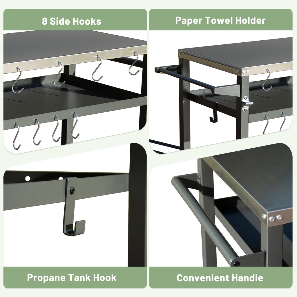 3-Shelf Outdoor Grill Table with Stainless Steel Top and Wheels