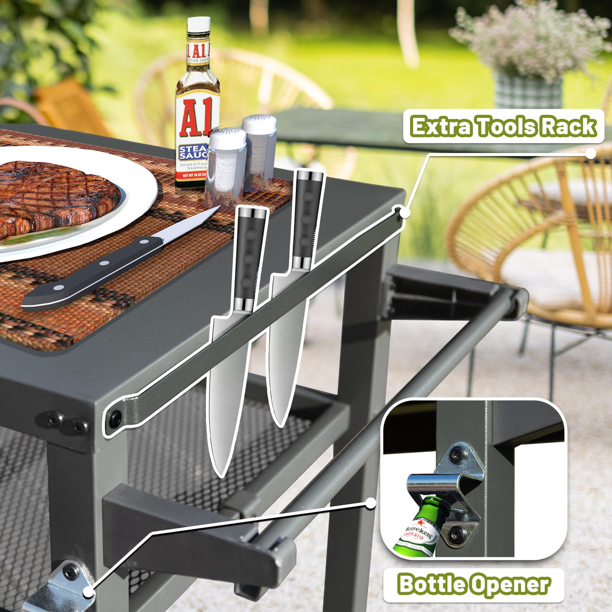 3-Shelf Outdoor Grill Table with Wheels and Propane Tank Hook - Metal
