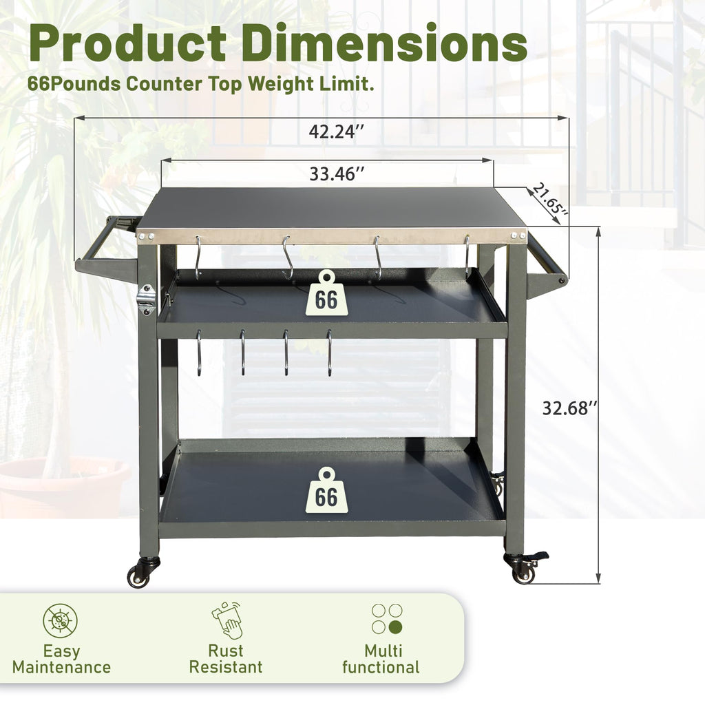 3-Shelf Outdoor Grill Table with Stainless Steel Top and Wheels