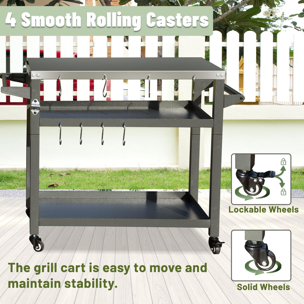 3-Shelf Outdoor Grill Table with Stainless Steel Top and Wheels