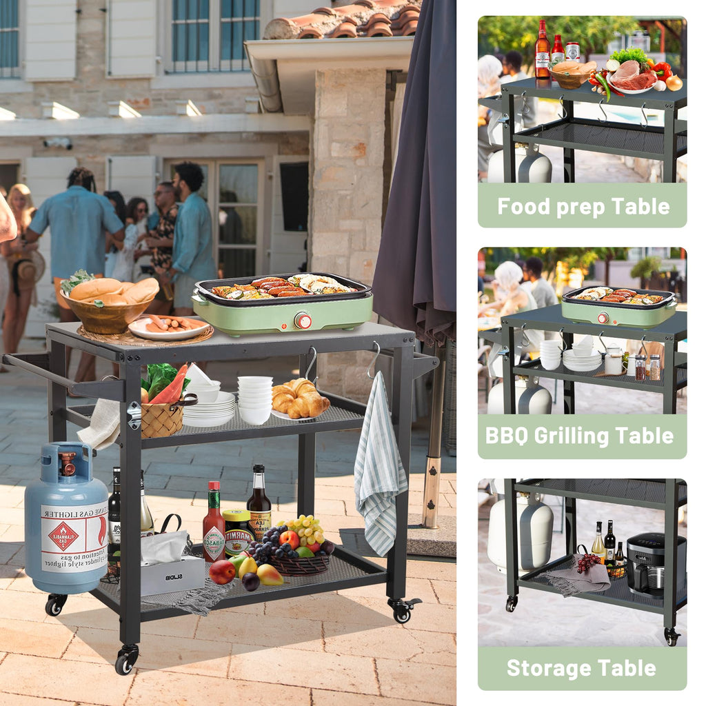 3-Shelf Outdoor Grill Table with Stainless Steel Top and Wheels