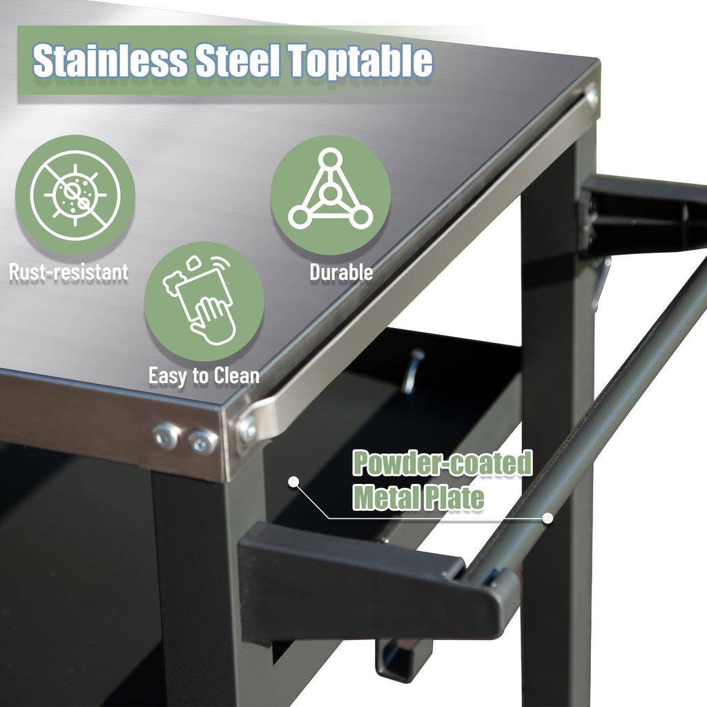 3-Shelf Outdoor Grill Table with Stainless Steel Top and Wheels