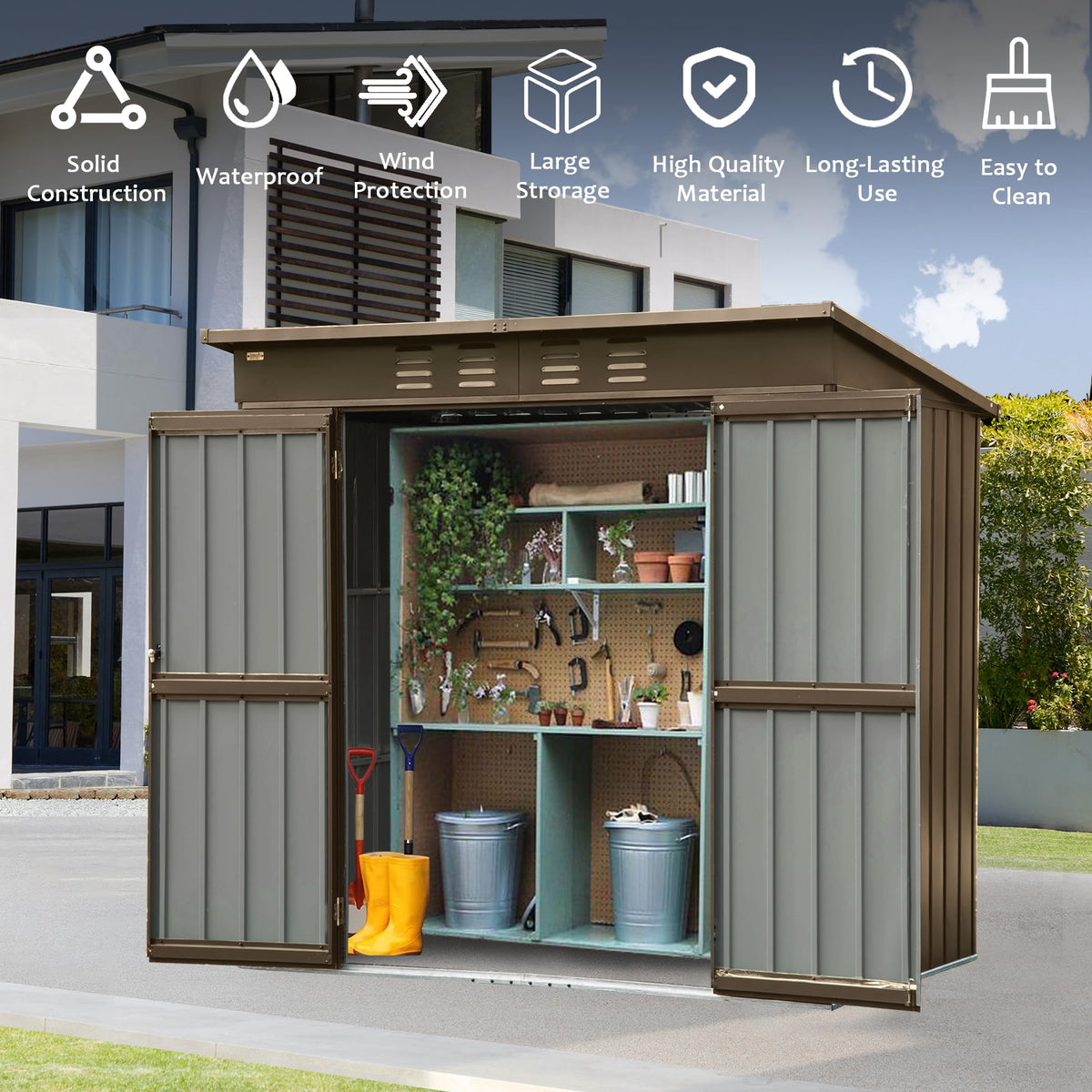 Outdoor Storage Shed 6x4 FT with Lockable Double Doors - Metal