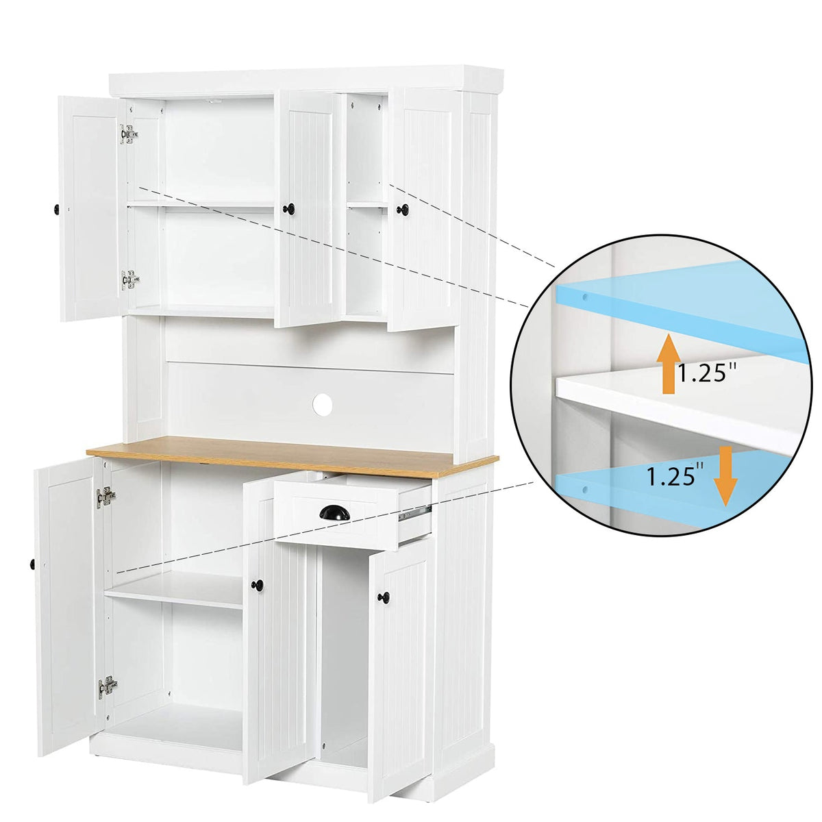 White Kitchen Pantry Storage Cabinet with Microwave Countertop and Adjustable Shelves