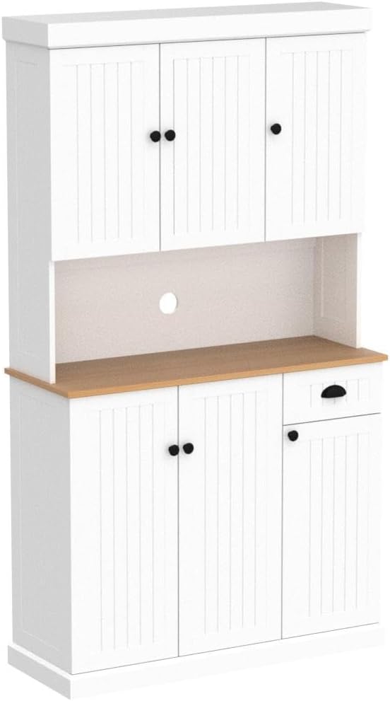 White Kitchen Pantry Storage Cabinet with Microwave Countertop and Adjustable Shelves