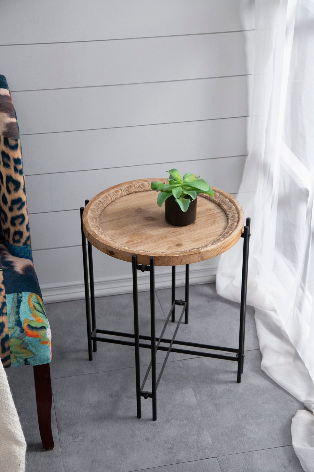 Round Side Table With Wood Top - Black Brown