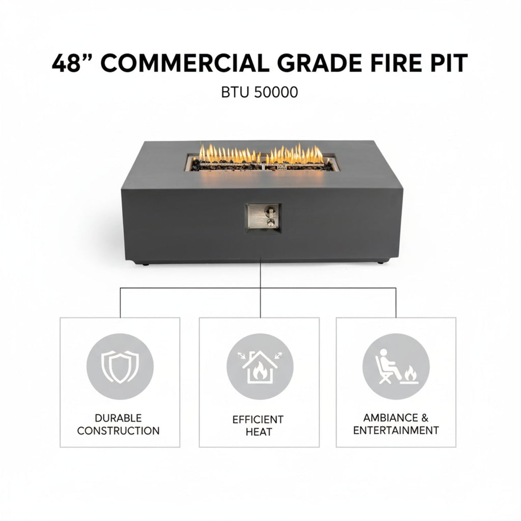 Rectangular Fire Pit Table with 50,000 BTU Heat Output - Light Gray