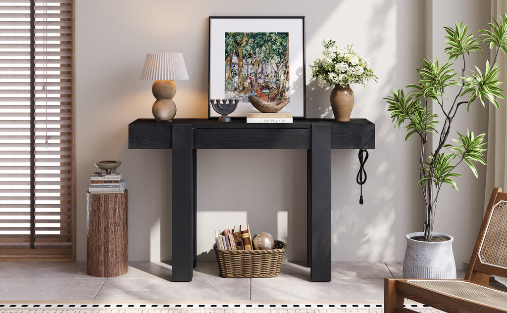Rustic Minimalist Console Table with Hidden Drawer and Power Outlet - Brown