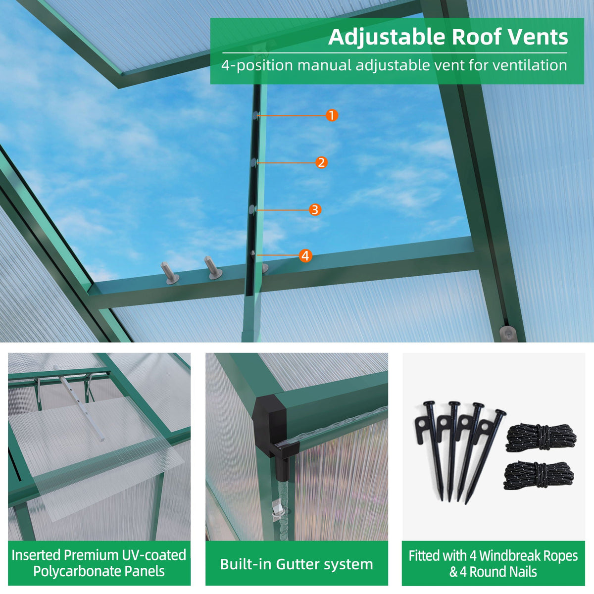 Polycarbonate Walk-In Greenhouse with Raised Base - Green