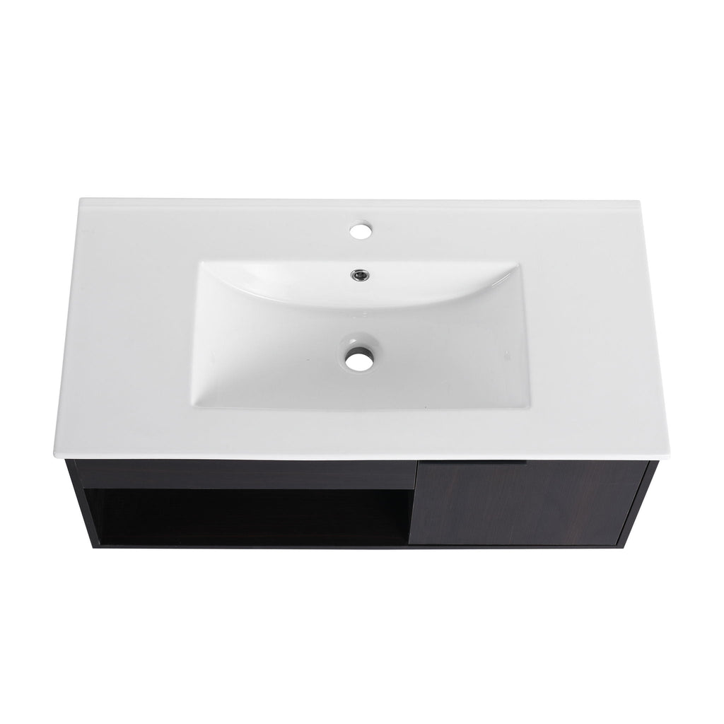 Wall Mounted Floating Bathroom Vanity with Open Shelf & Soft Close Door - Dark Brown
