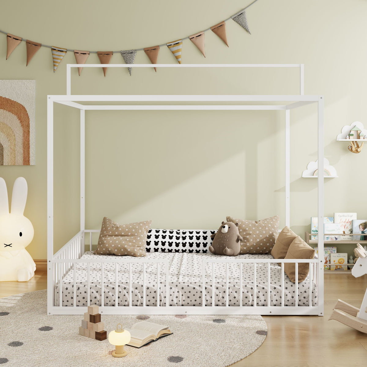 3 In 1 Convertible Montessori Floor Bed with Fenced Support - Full