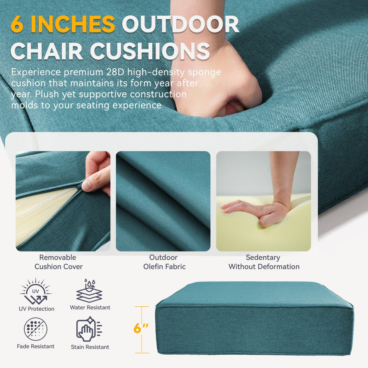 6" Thicker Outdoor Chair Cushion Set with Waterproof Olefin - Peacock