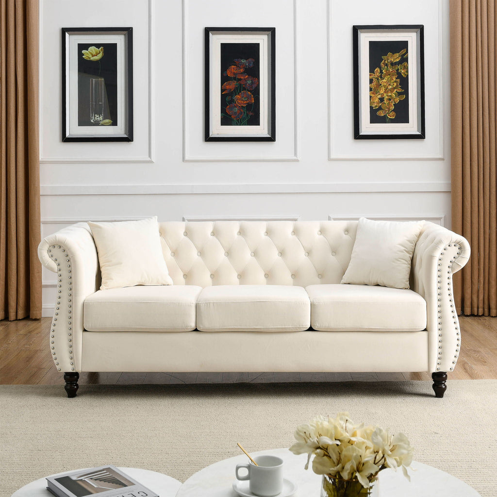 Chesterfield Sofa with Rolled Arms and Nailhead Trim – Solid Wood Frame
