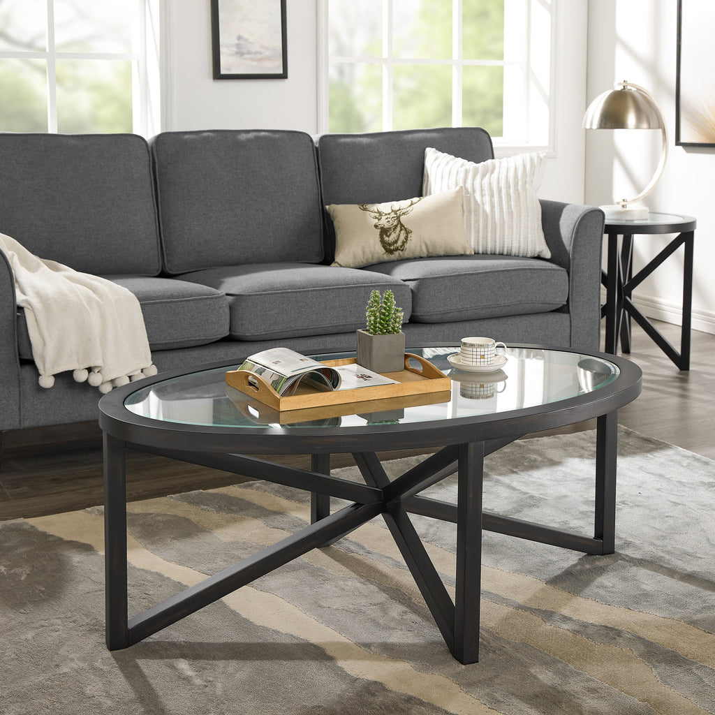 Modern Glass Coffee Table with Solid Wood Base - Clear/Light Wood