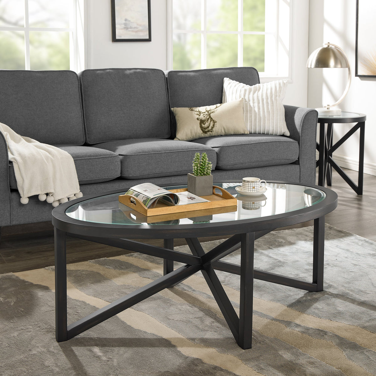 Modern Glass Coffee Table with Solid Wood Base - Clear/Light Wood