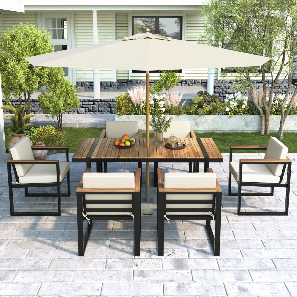 7 Piece Outdoor Dining Set with Removable Cushions - Gray or Beige