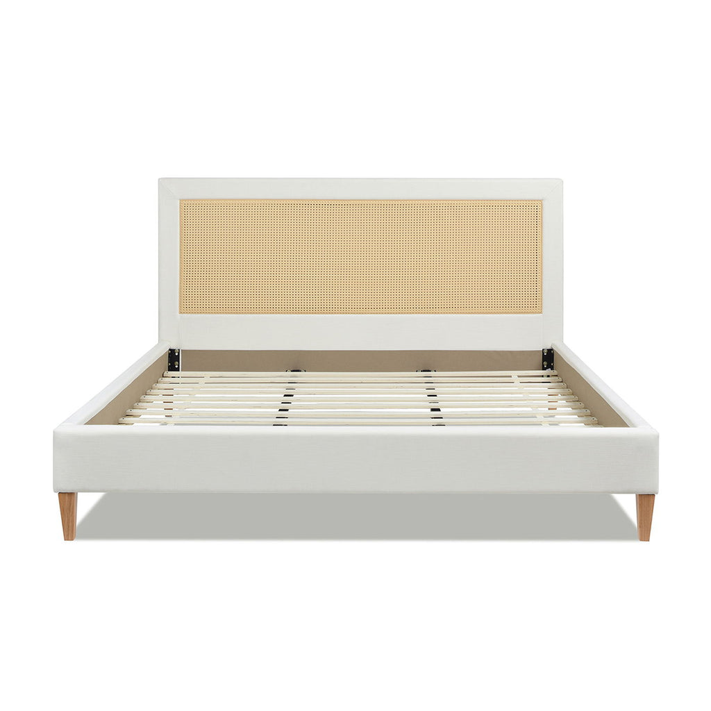 Upholstered Cane Back Platform Bed with Resin Wicker - White