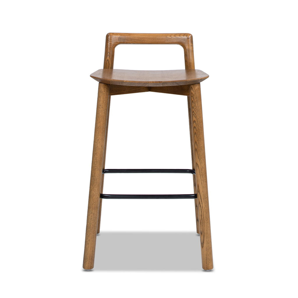 Modern Minimalist Low Back Counter Stool with Ash Wood Construction - Dark Brown Walnut