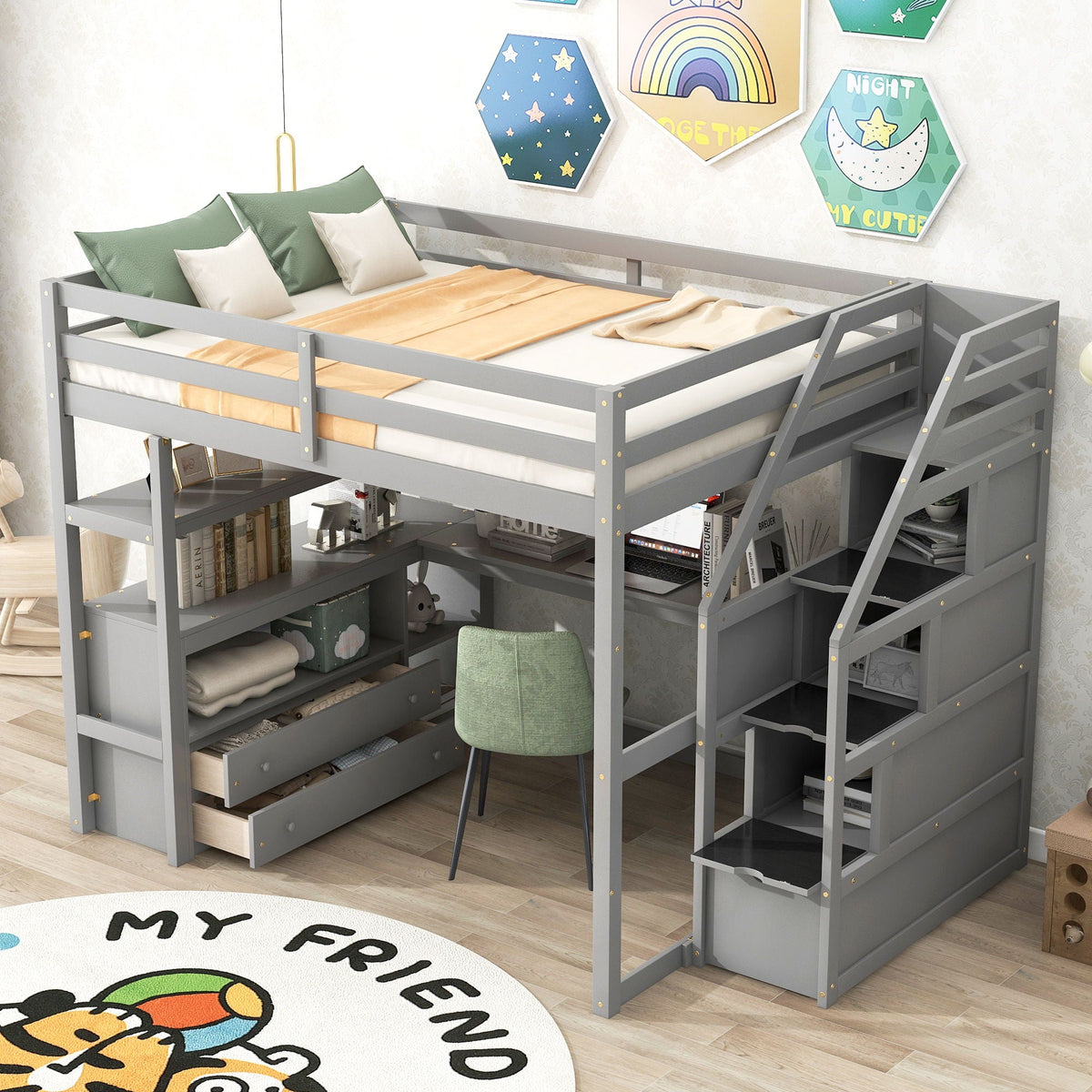 Loft Bed with Desk and Storage Staircase - Full or Twin, White or Gray