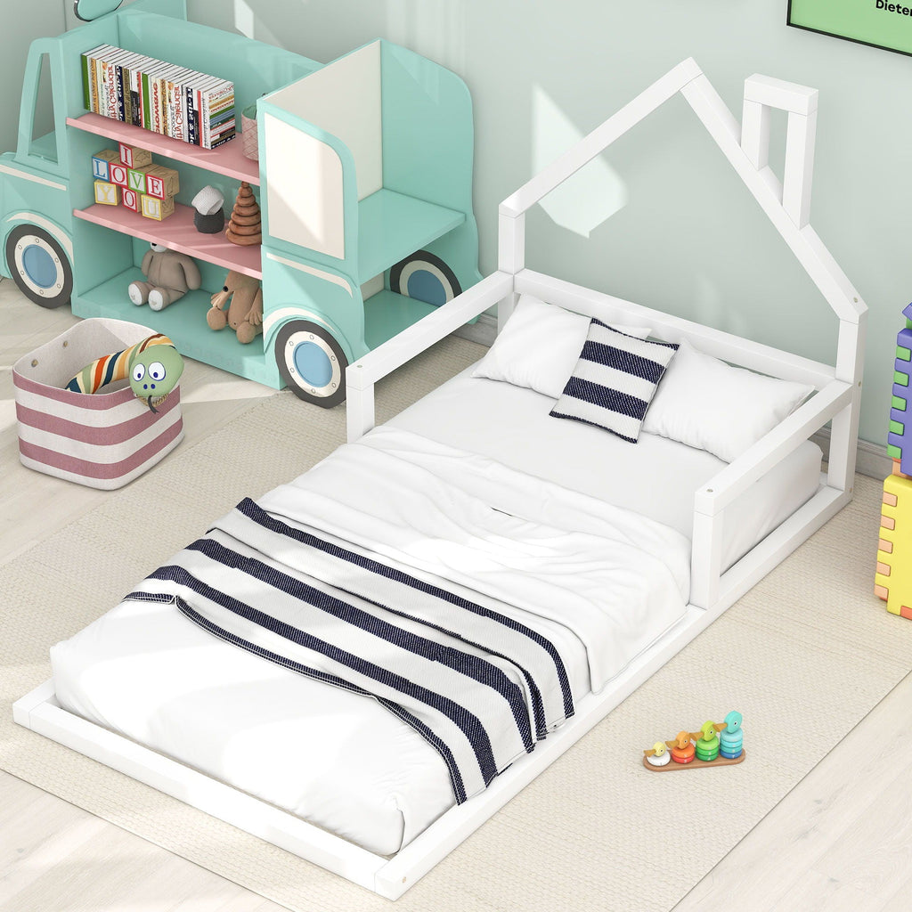 Floor Bed With House Shaped Headboard - Twin Size, Solid Pine - White or Light Brown