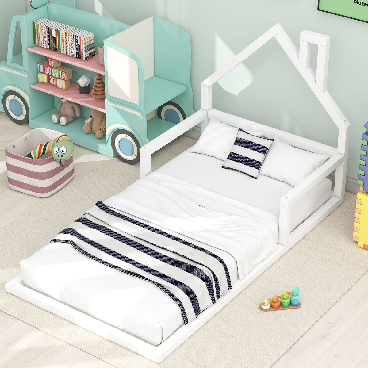 Floor Bed With House Shaped Headboard - Twin Size, Solid Pine - White or Light Brown