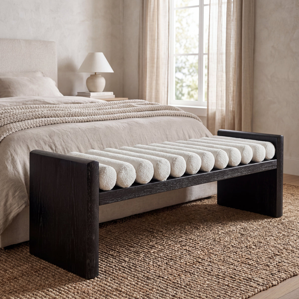 Modern Chenille Upholstered Bench with Plush Rolled Cushions - Beige