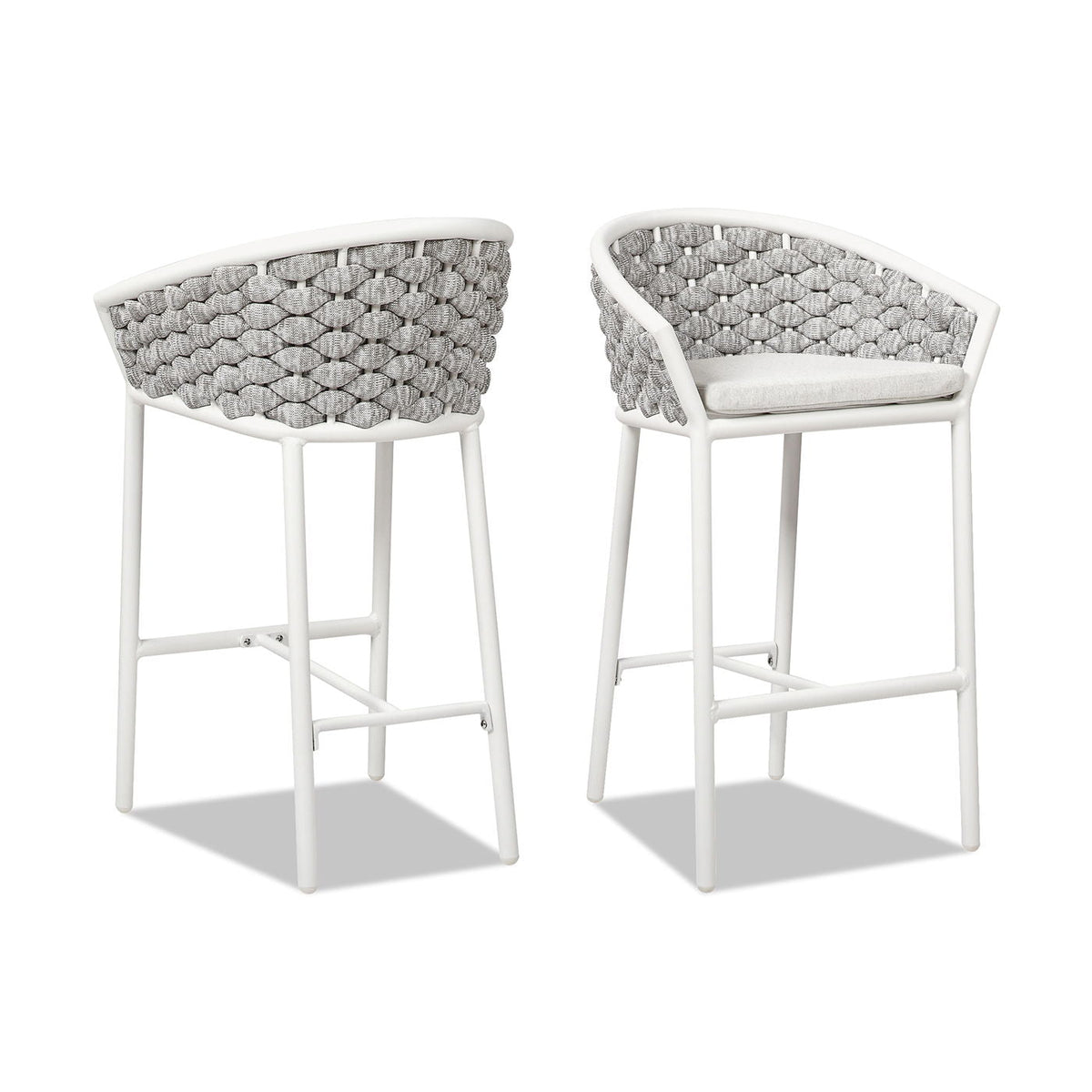 Optic White Rope Barrel Low Back Patio Counter Stool Set of 2 with Weather-Resistant Design