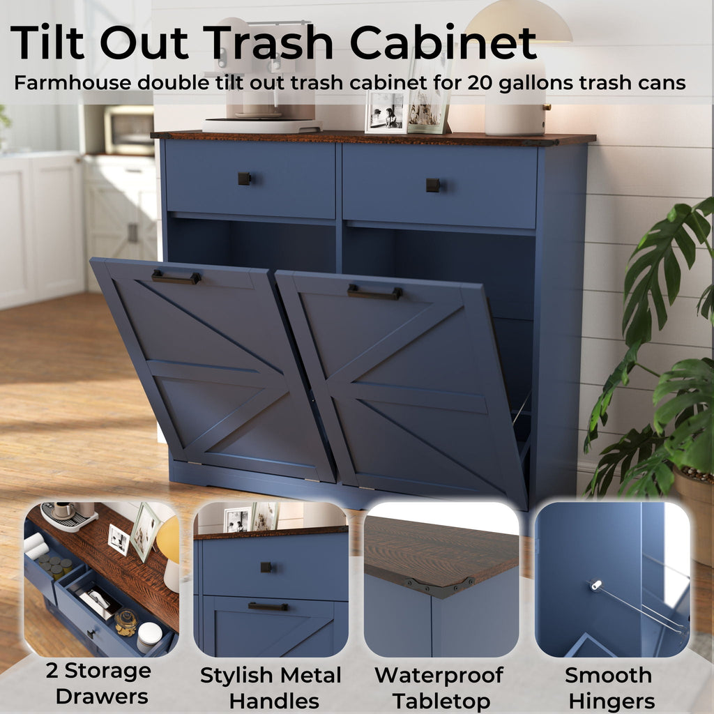 Double Tilt Out Trash Cabinet with Hideaway Drawer - Barn Door Style