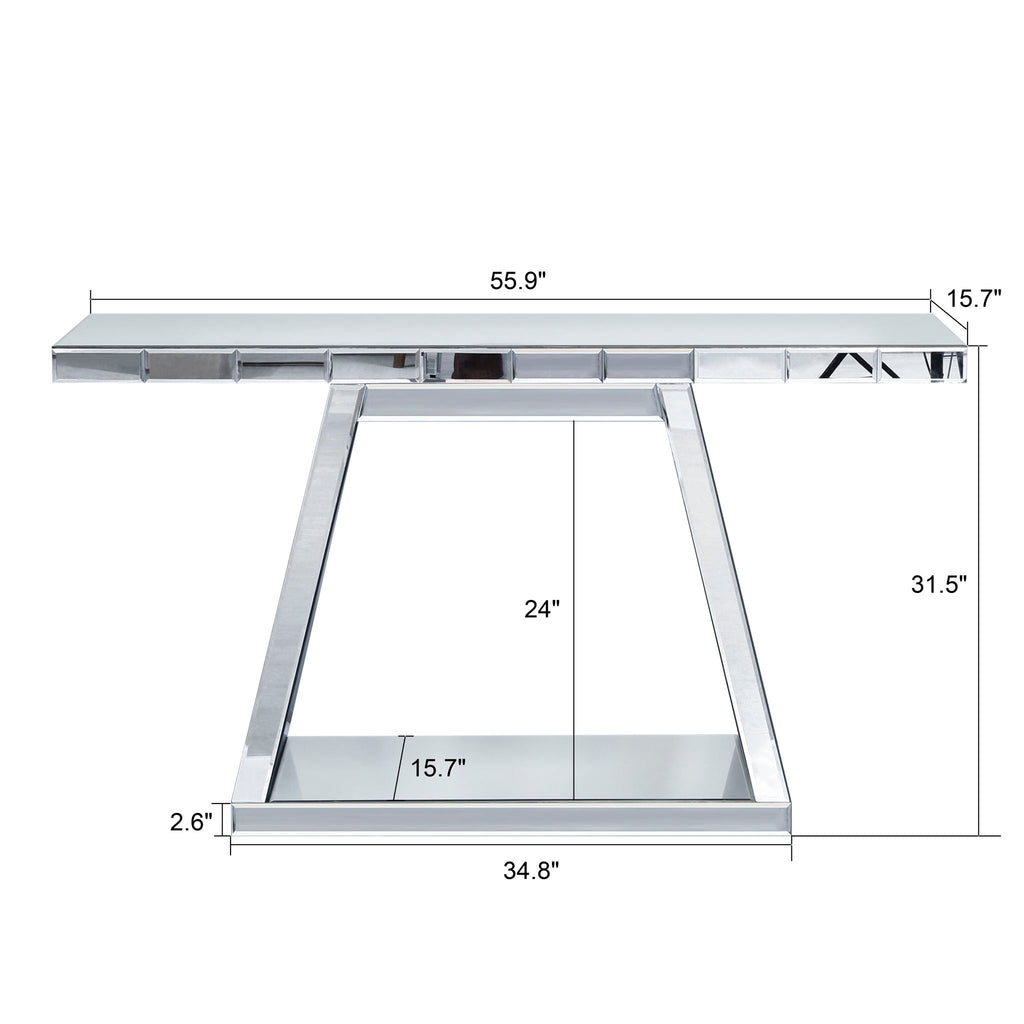 Full Body Mirror Console Table with 360° Reflective Surface and Trapezoid Base - Silver