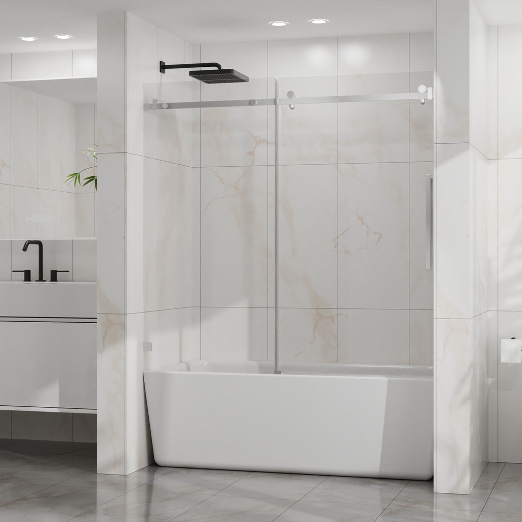 Frameless Tub Sliding Shower Door with Easy Clean Coating - Black or Pearl Silver