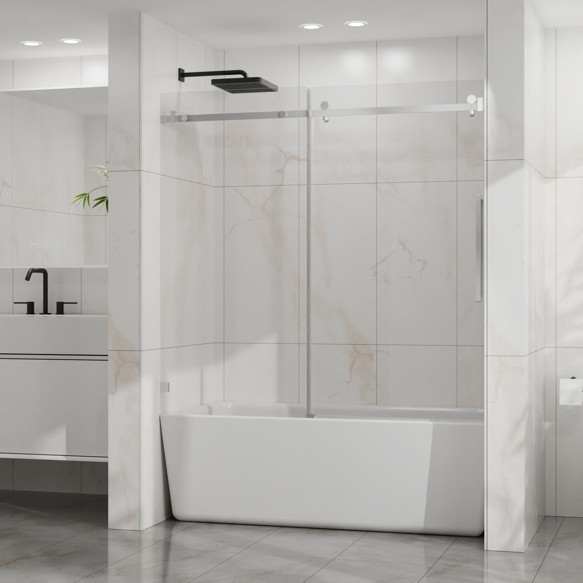 Frameless Tub Sliding Shower Door with Easy Clean Coating - Black or Pearl Silver