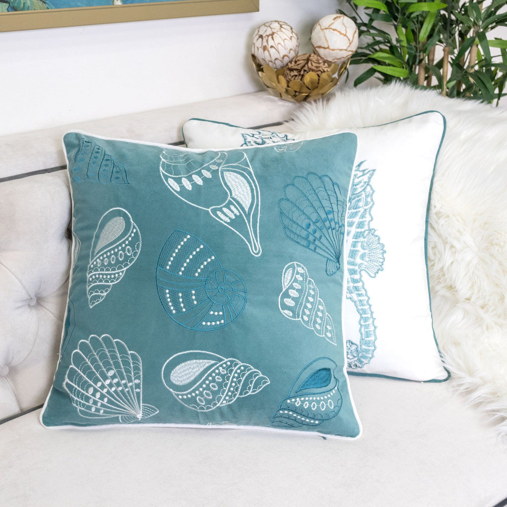 Seashells Pillow Cover with Hidden Zipper - Blue or Light Blue