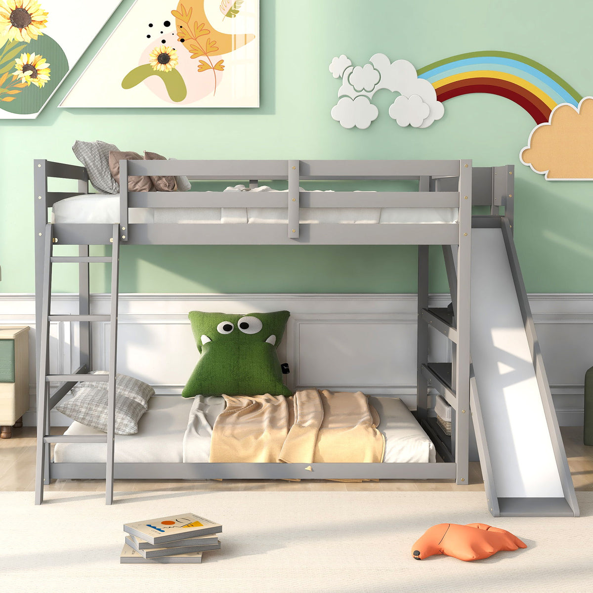 Bunk Bed With Ladder, Slide, and Shelves - Pine Wood, Full Over Full