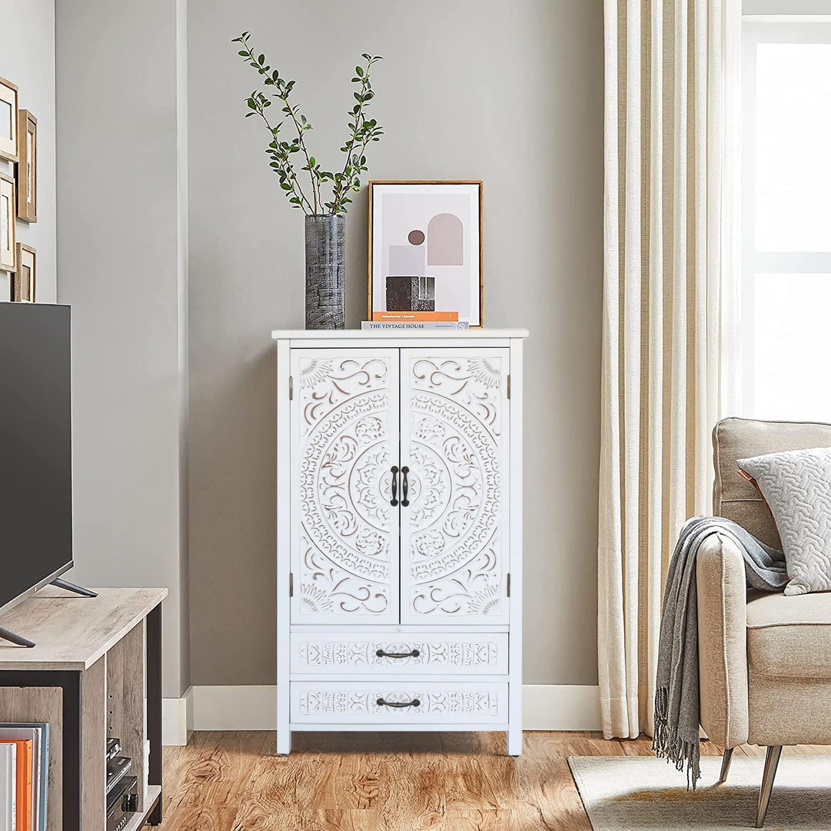 27'' Accent Tall Tower Storage Cabinet with Drawer and Doors - White