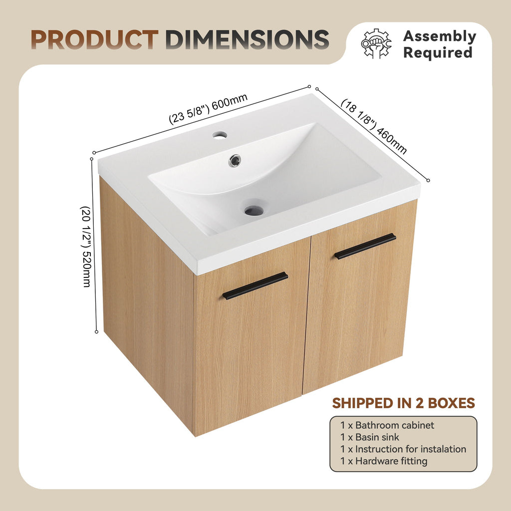 Floating Bathroom Vanity With Sink, Wall Mounted Double Door Storage - Light Brown