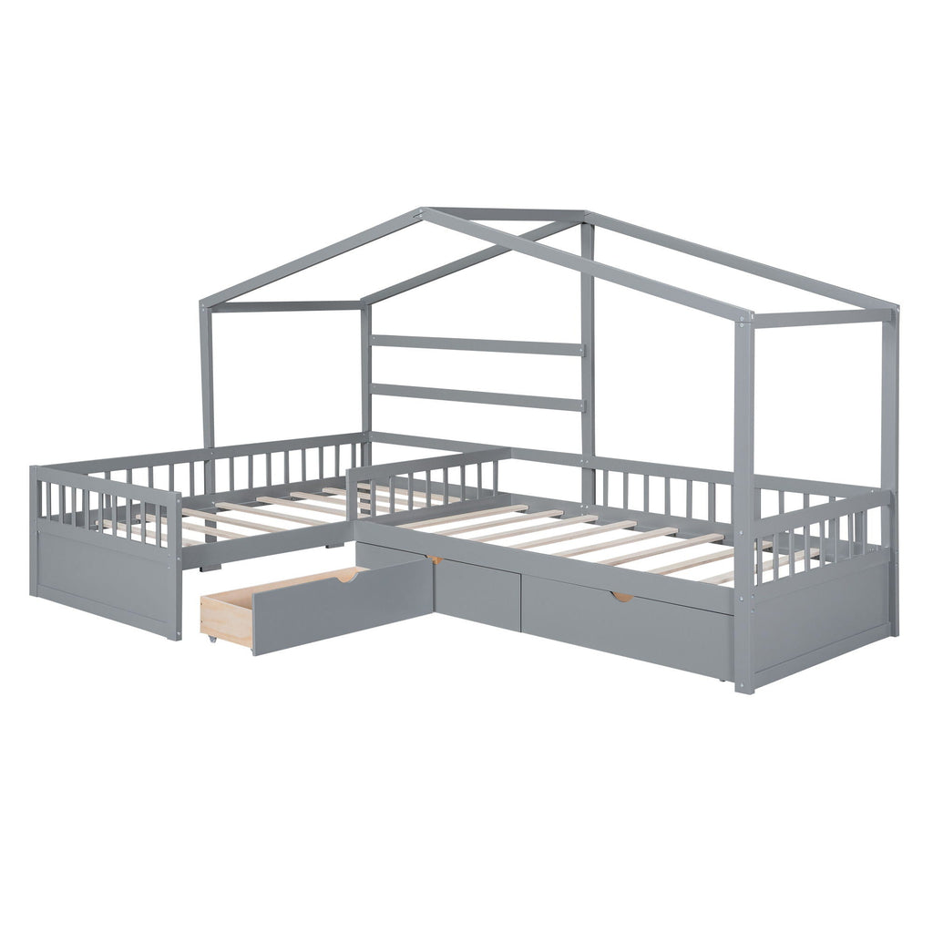 L Shape Twin Platform Bed with 3 Storage Drawers - Dark Gray or White