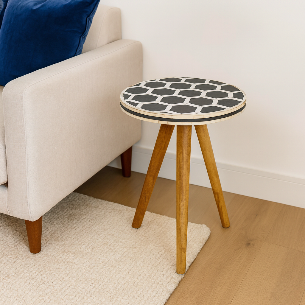 Solid Wood Bone Inlay Tripod Stool with Stylish Tripod Design