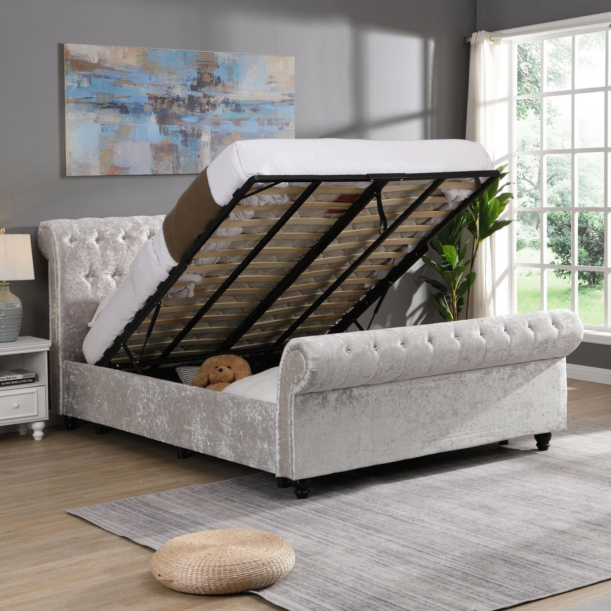 Queen Upholstered Storage Bed with Hydraulic Lift - Beige