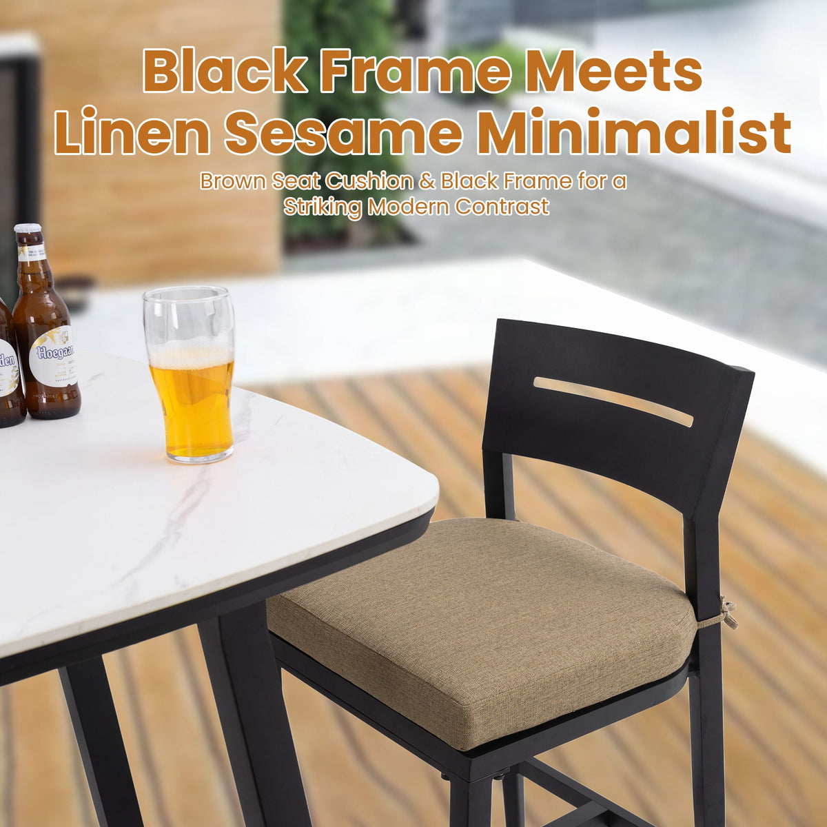 Beige 5-Piece Outdoor Patio Bar Set with Sintered Stone Table - Rounded Square Table & 4 Bar Stools
